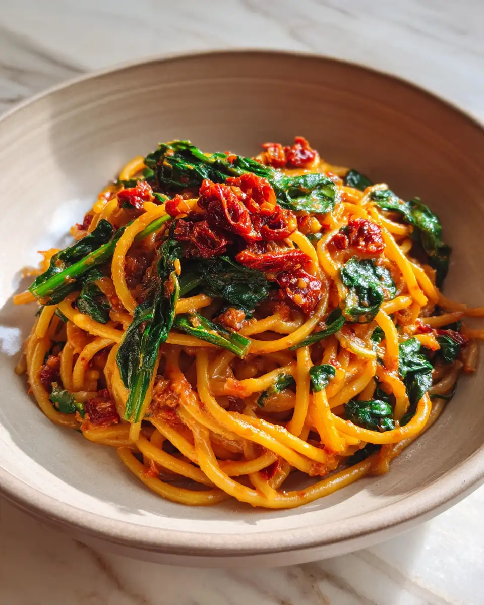 Creamy Sun-Dried Tomato Sauce Meets Spaghetti and Spinach for a Flavorful Twist - Featured Image