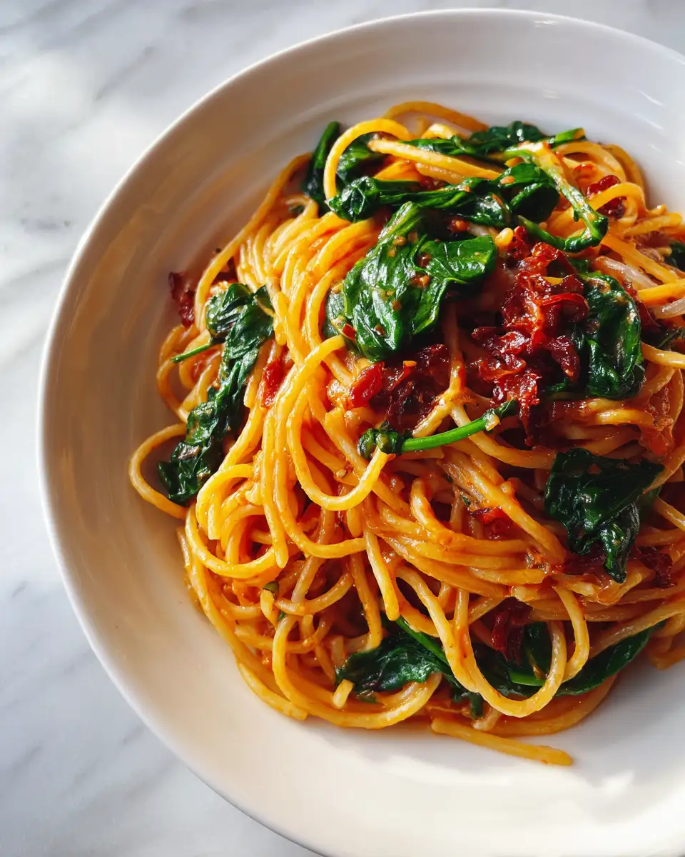 Final dish - Creamy Sun-Dried Tomato Sauce Meets Spaghetti and Spinach for a Flavorful Twist