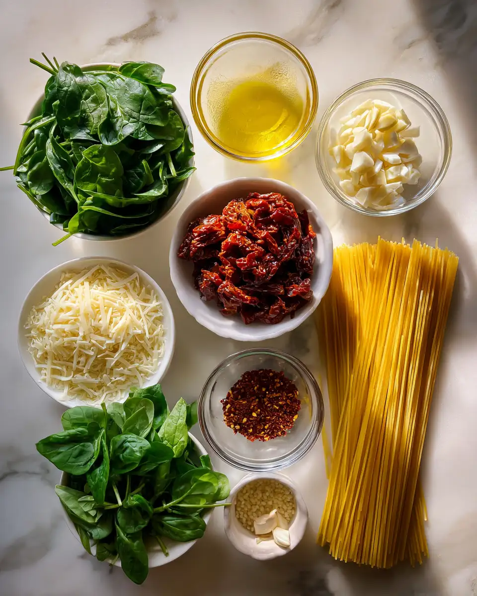 Ingredients for Creamy Sun-Dried Tomato Sauce Meets Spaghetti and Spinach for a Flavorful Twist