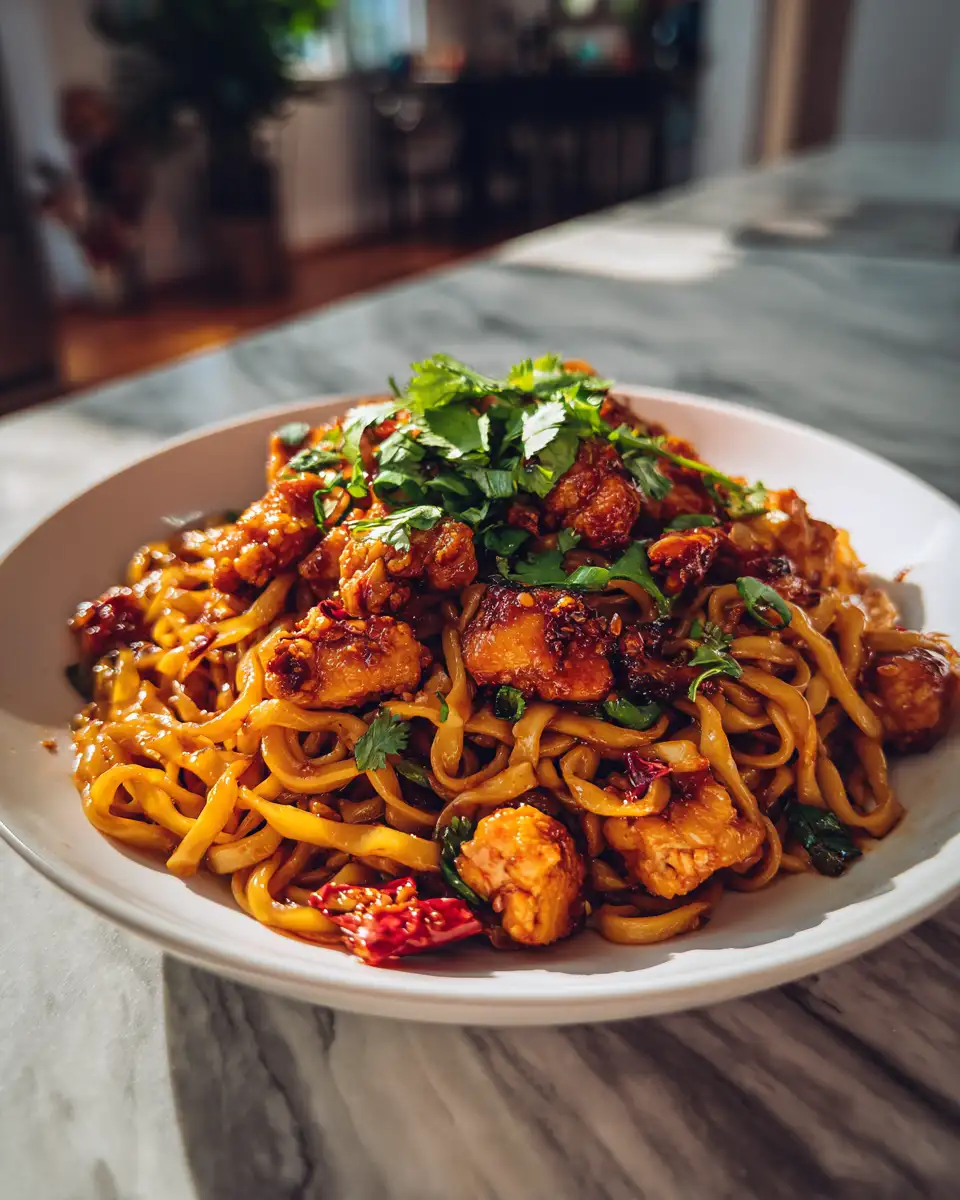 Fiery Flavor Explosion Spicy Kung Pao Chicken Noodles Recipe - Featured Image