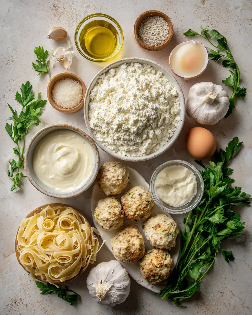 Ingredients for Creamy Baked Chicken Ricotta Meatballs Alfredo Recipe You’ll Love