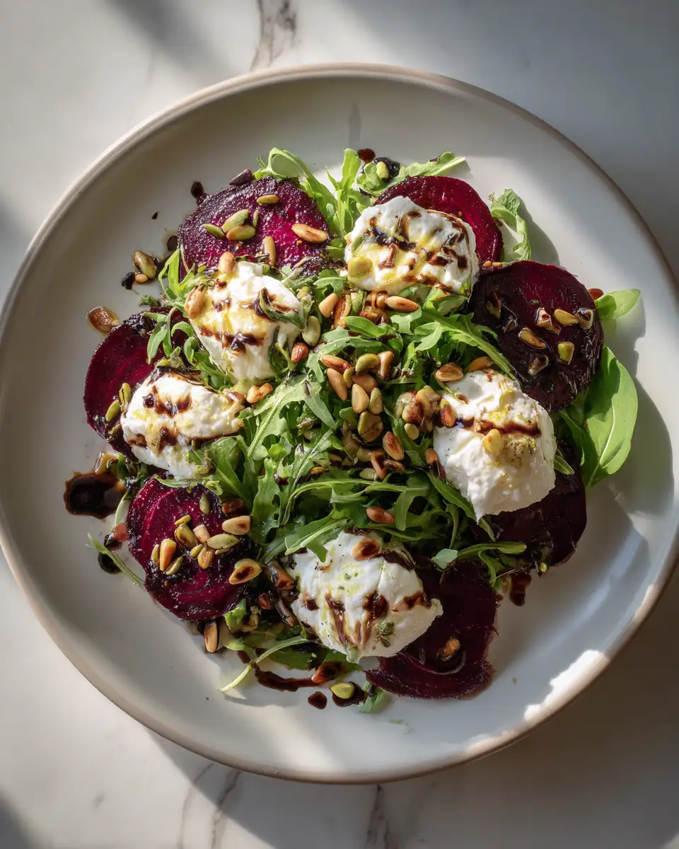 Final dish - Fresh and Flavorful Beet and Burrata Salad with Pine Nuts and Balsamic Dressing