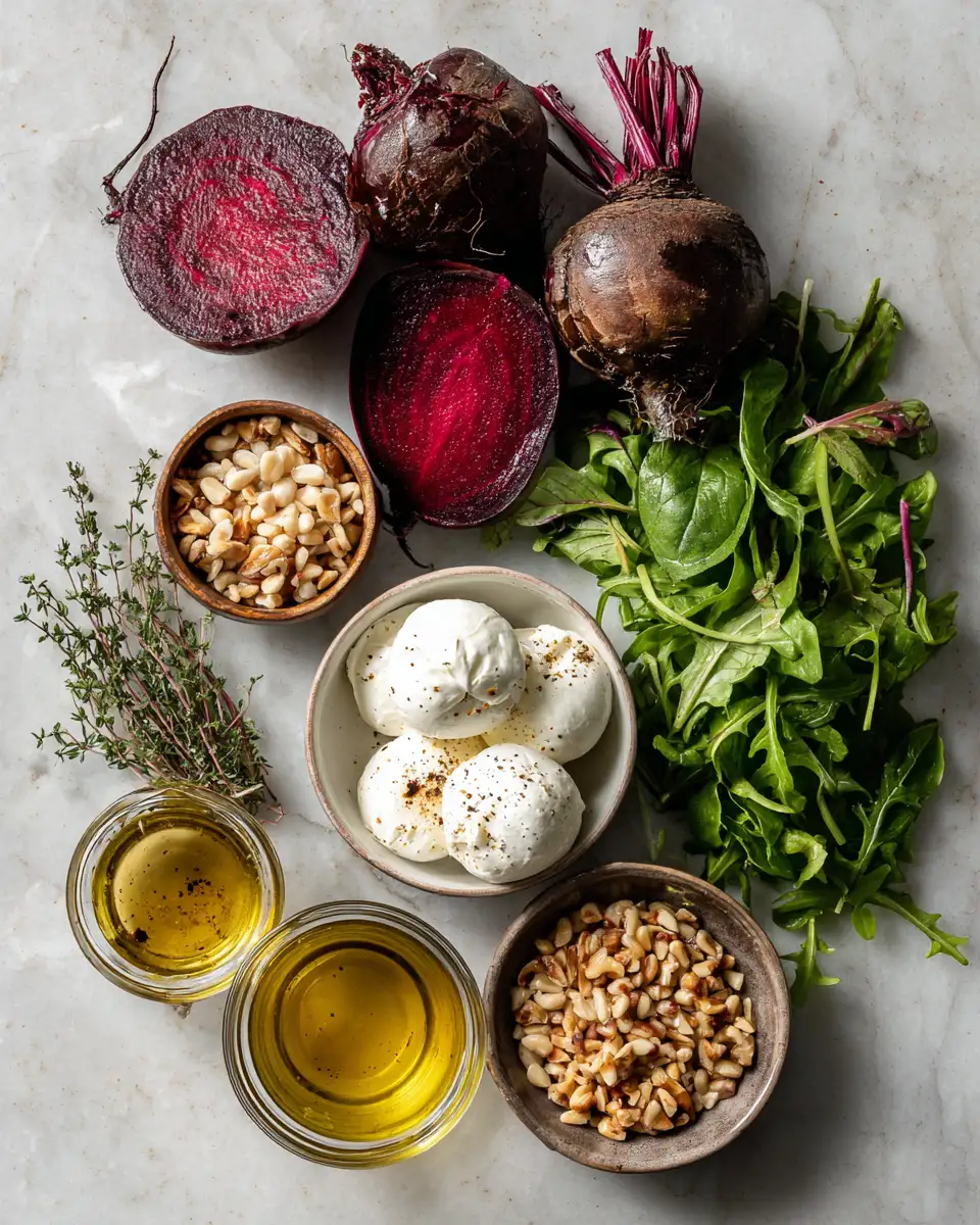 Ingredients for Fresh and Flavorful Beet and Burrata Salad with Pine Nuts and Balsamic Dressing