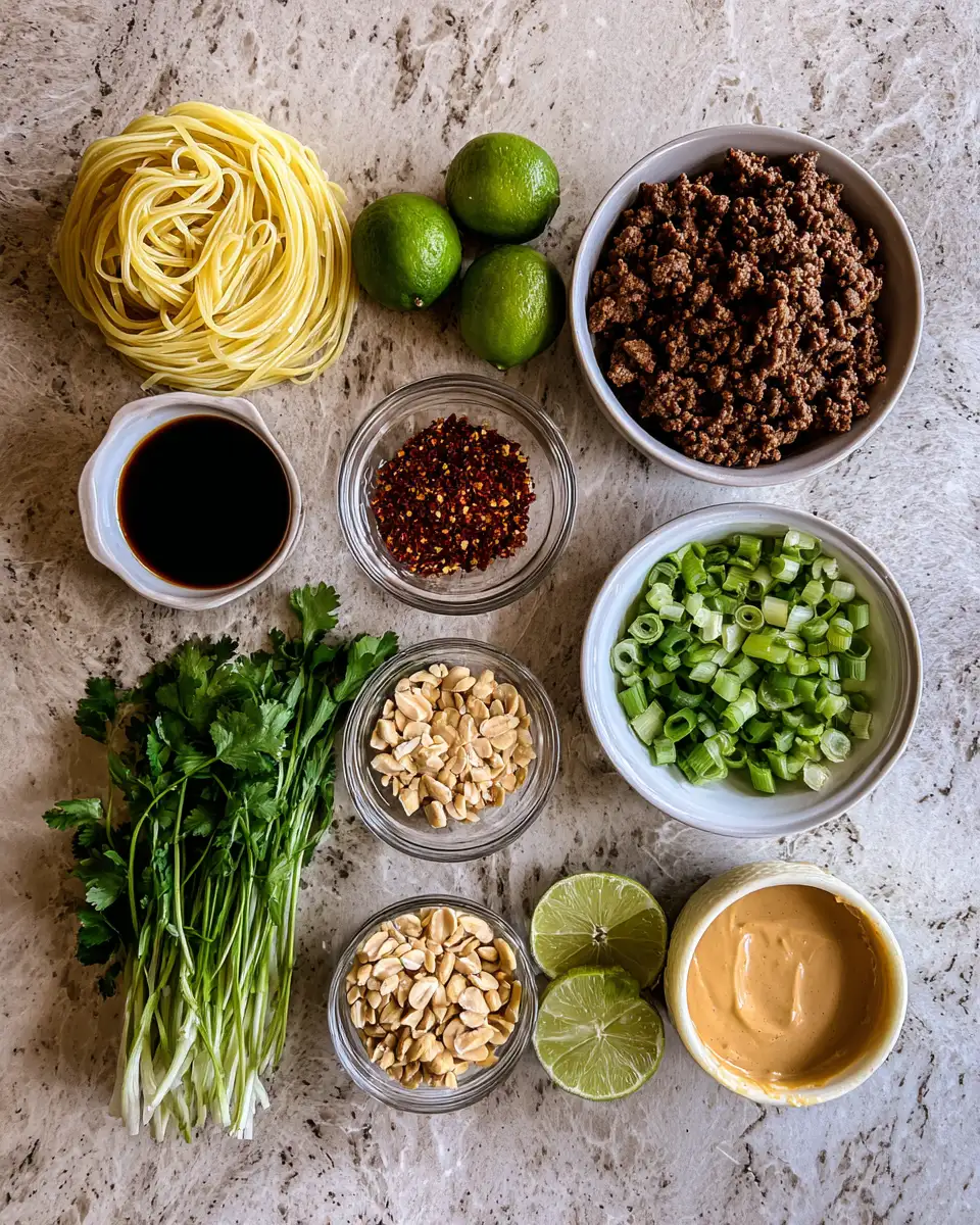 Ingredients for Irresistible Caramelized Beef Peanut Noodles with Zesty Lime and Ginger Flair