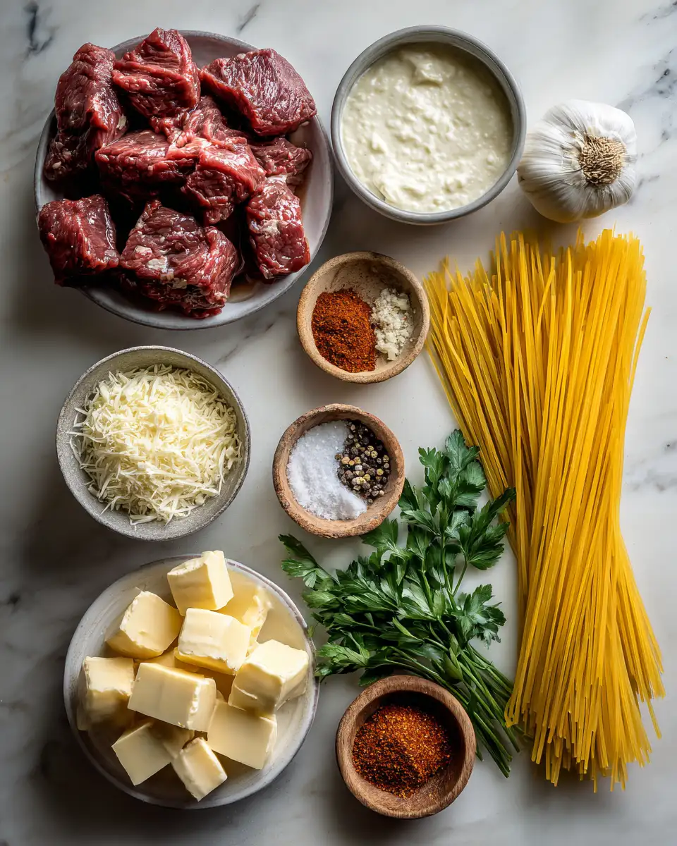 Ingredients for Creamy Cowboy Butter Linguine with Steak Bites That Sizzle