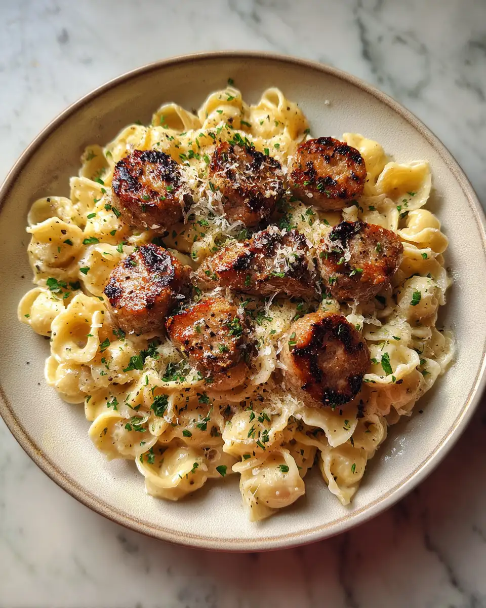 Final dish - Garlic Butter Sausage Bites with Creamy Parmesan Pasta Recipe You’ll Love