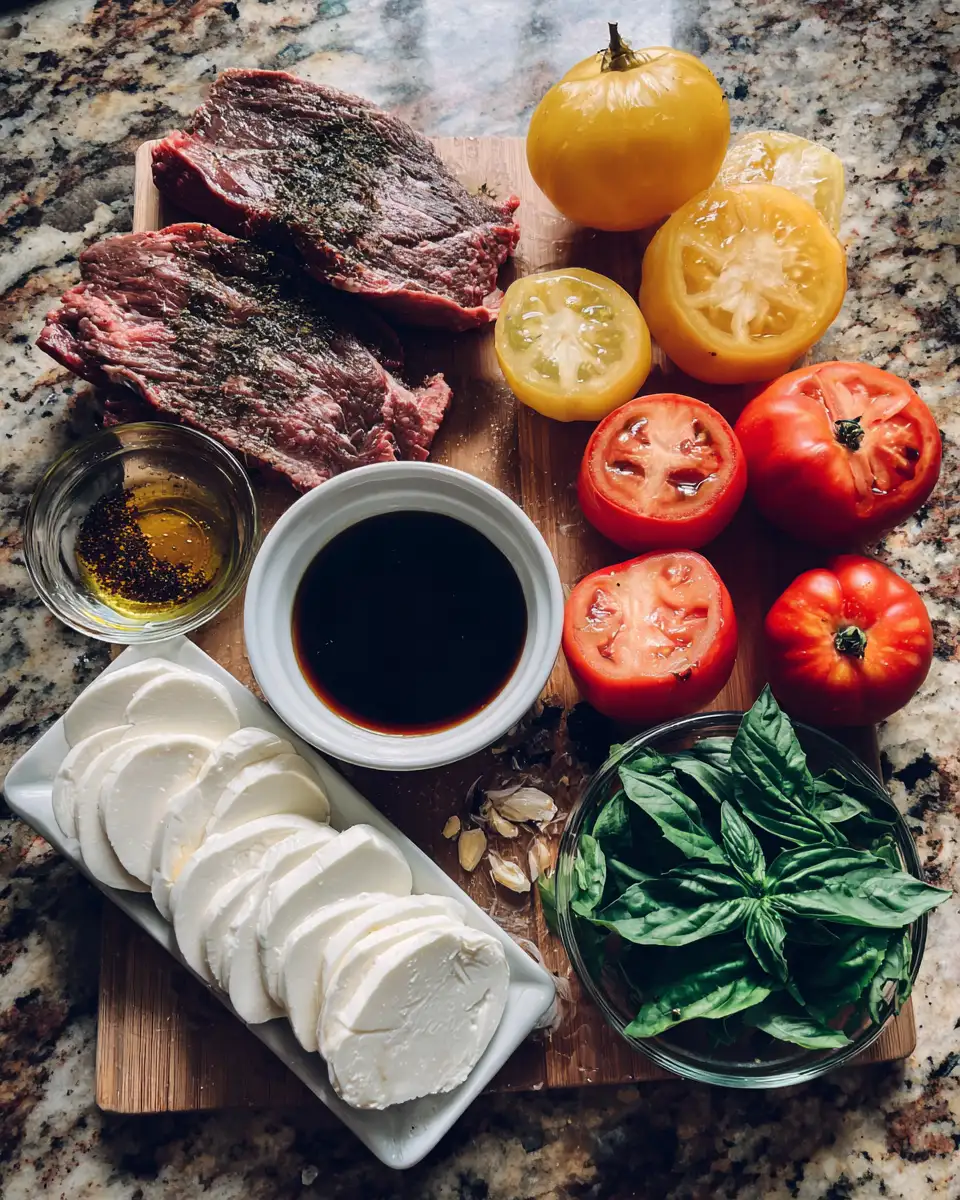 Ingredients for Savor the Flavor of Grilled Flank Steak Caprese with Balsamic Dressing