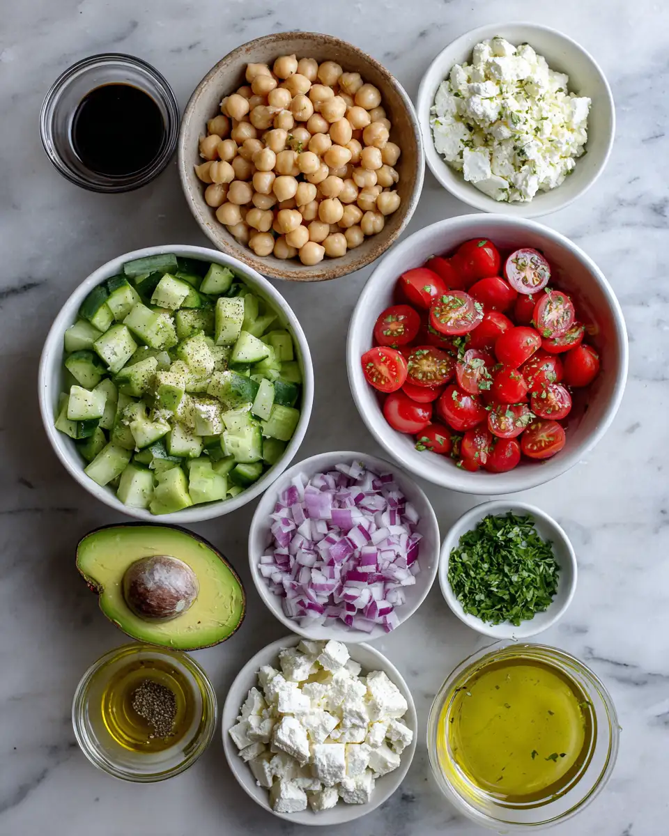 Ingredients for Fresh and Flavorful Healthy Chickpea Feta Avocado Salad Recipe
