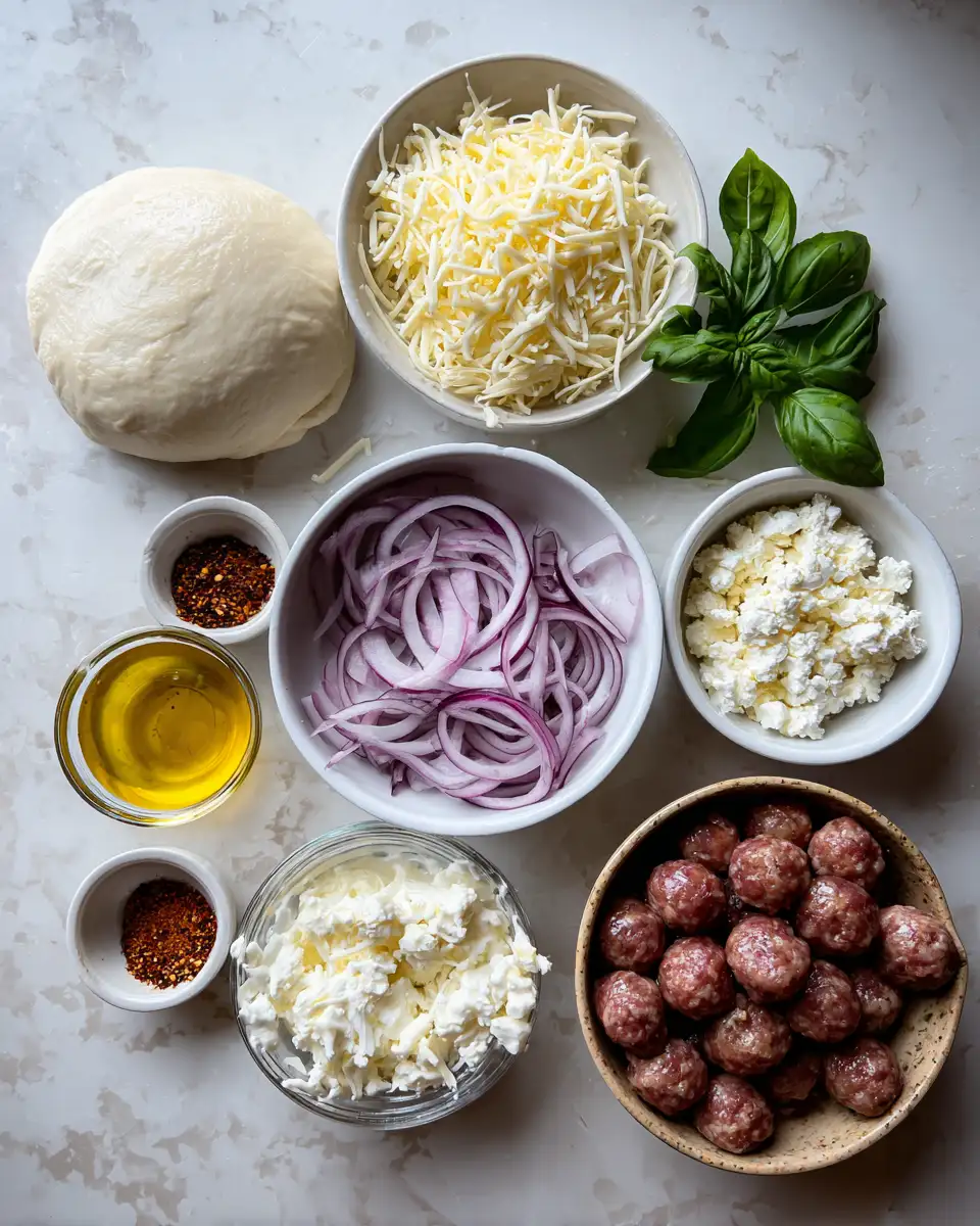 Ingredients for Savory Meets Sweet Hot Sausage Feta and Honey Pizza Delight