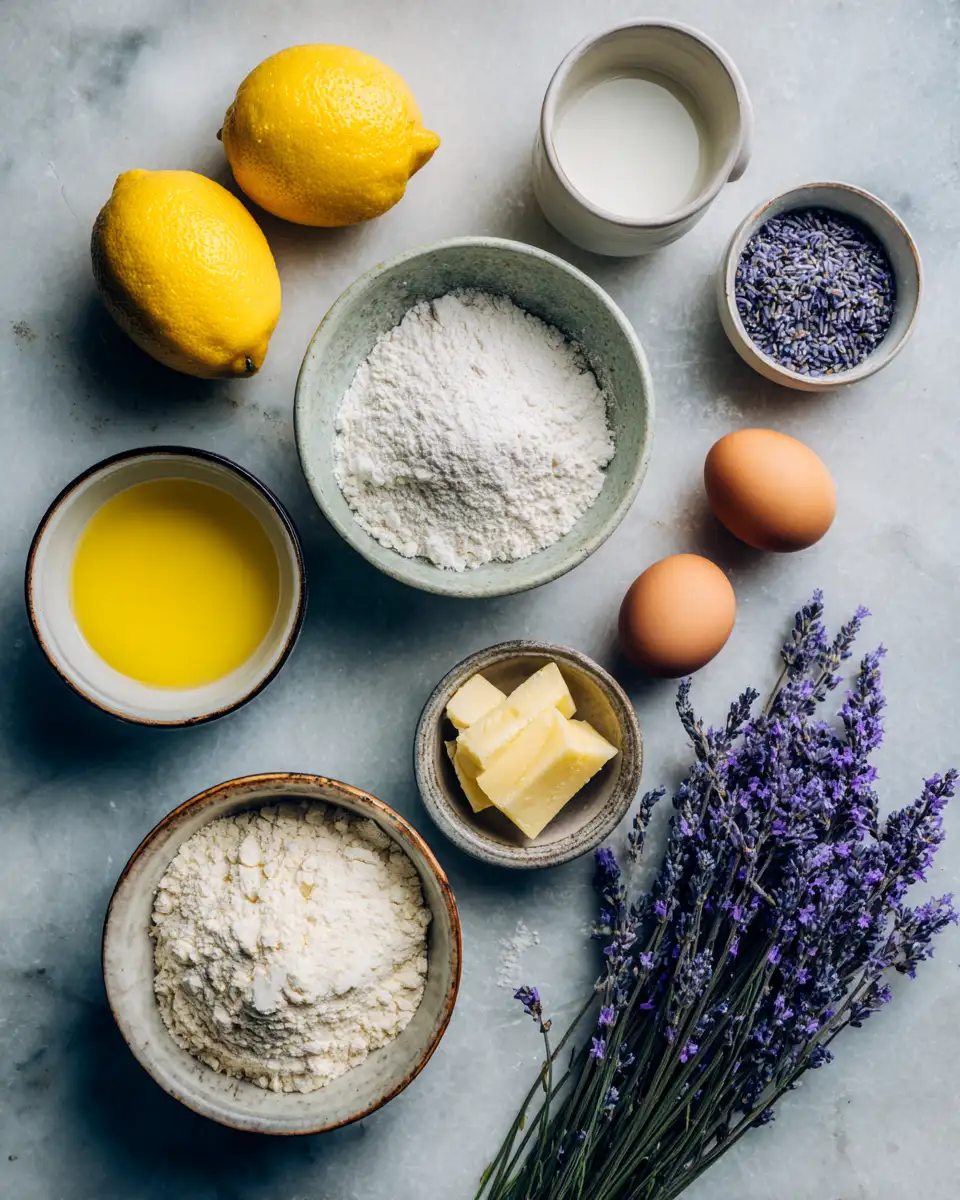 Ingredients for Irresistible Mini Lemon Cakes With Lavender Glaze for a Delightful Treat