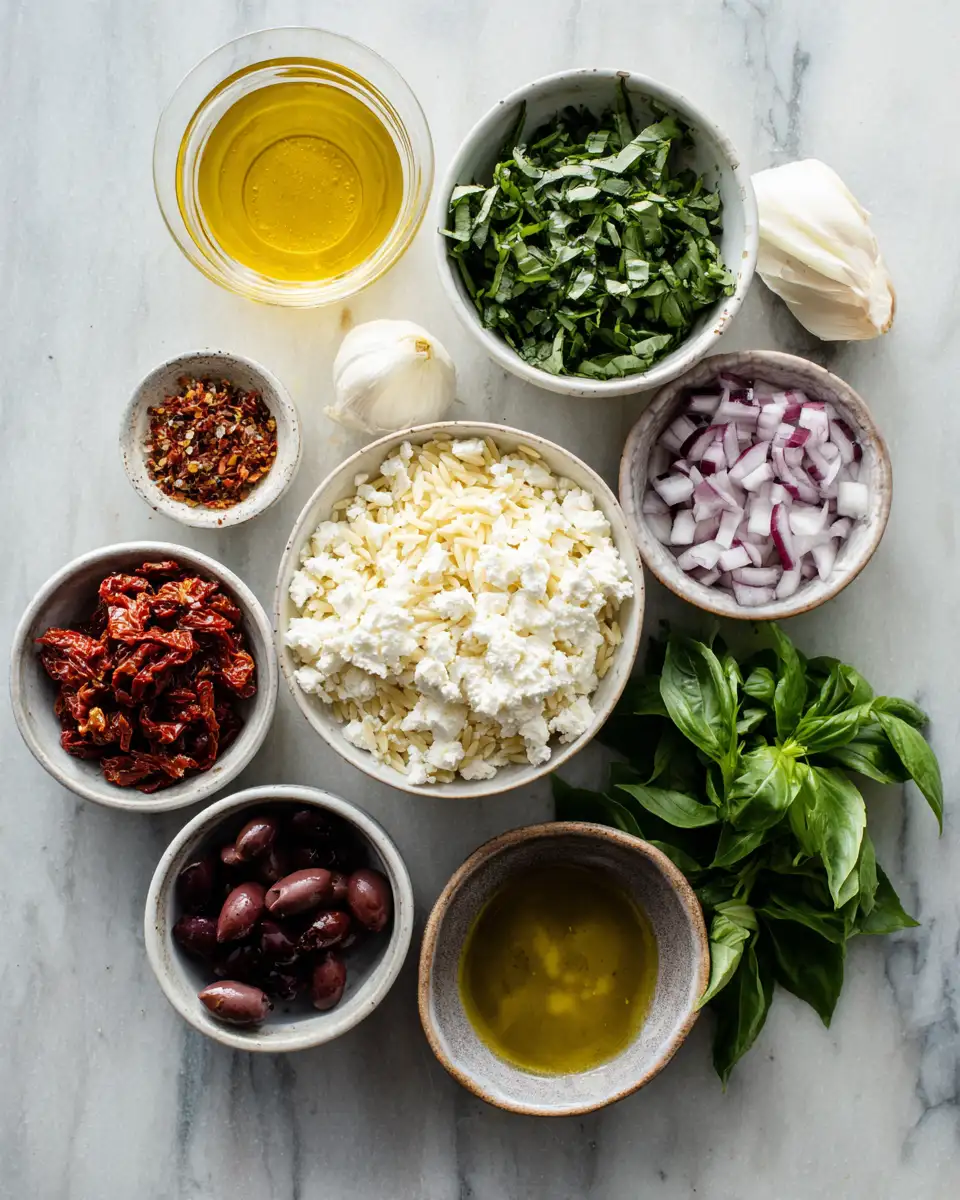 Ingredients for Perfect Orzo Pasta Salad With Feta And Sun Dried Tomatoes That Will Wow Your Taste Buds