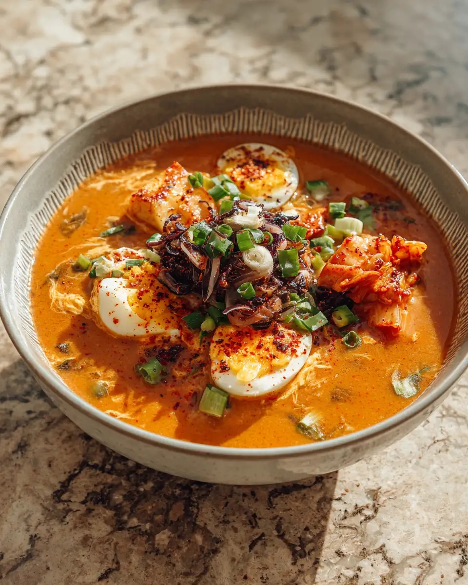 Fiery Flavors Unite Spicy Miso Egg Drop Soup with Kimchi and Garlic - Featured Image