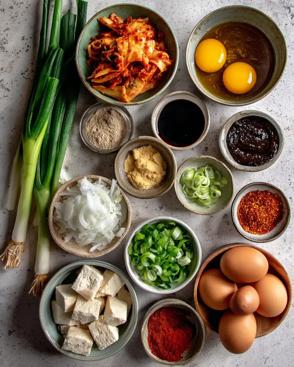 Ingredients for Fiery Flavors Unite Spicy Miso Egg Drop Soup with Kimchi and Garlic