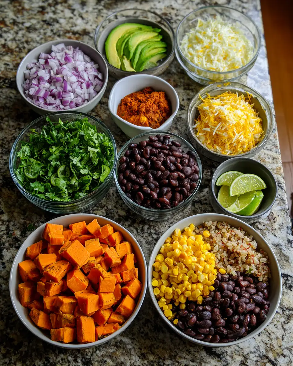 Ingredients for Easy and Delicious Vegetarian Meal Prep Ideas with Sweet Potato Taco Bowl